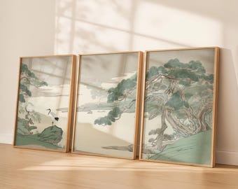 Triptyk av japansk trana och tall | Vintage träblocktryck (digital nedladdning)