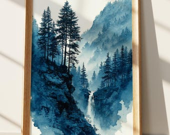 Sumi-e Mountain Art Print, Misty Blue Pine Forest Waterfall Painting, Serene Asian Landscape Wall Decor, Tranquil Zen Nature Artwork