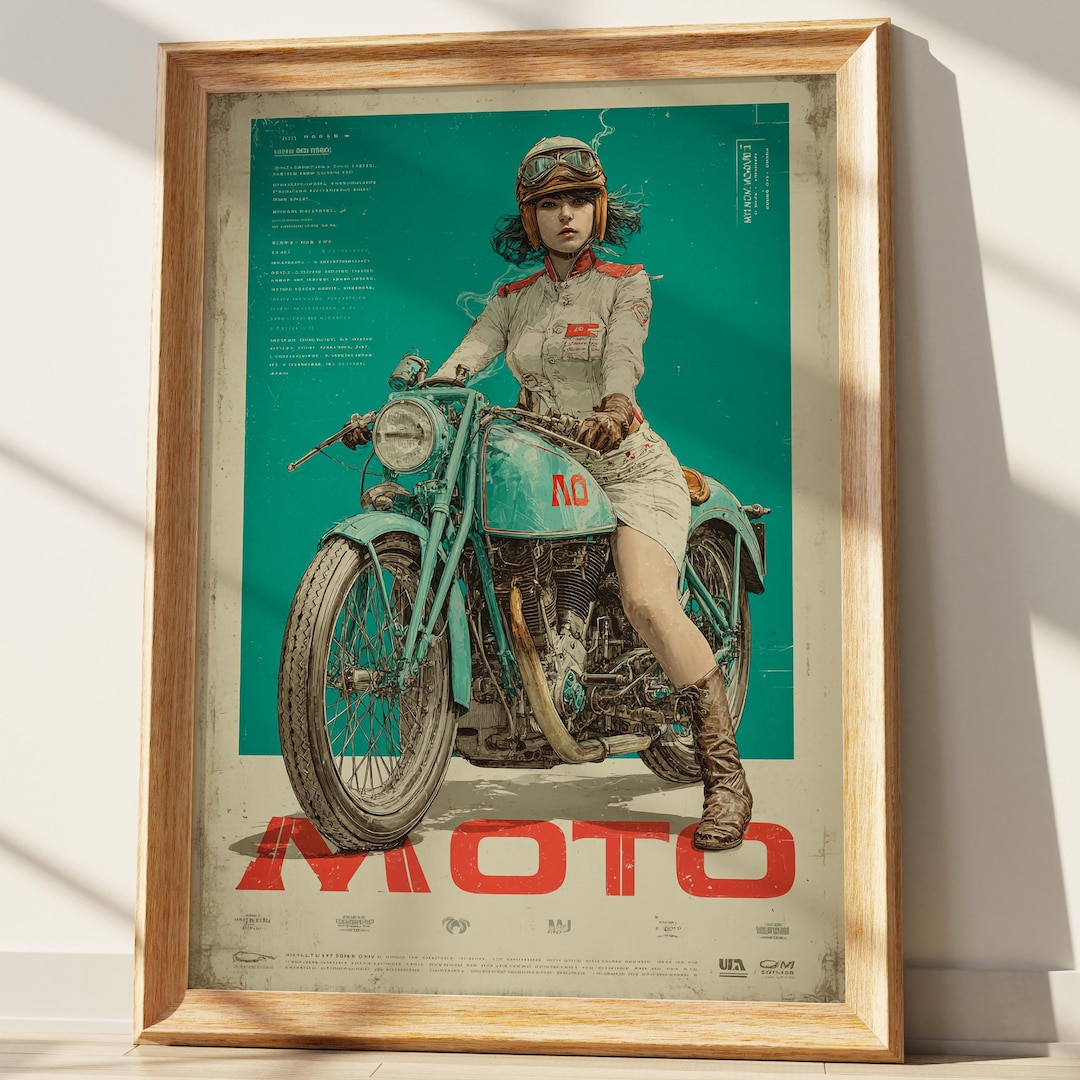 Vintage Motorcycle Poster, Retro Biker Girl Wall Art Print, Empowered ...