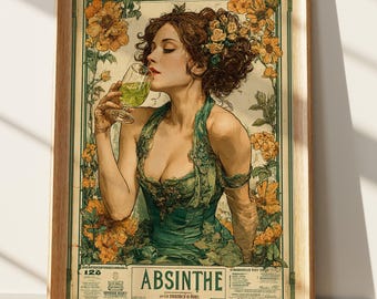 Affiche Art nouveau, impression d'art vintage absinthe, décoration murale de style Alphonse Mucha, art de bar français rétro, affiche esthétique femme et fleurs