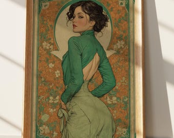 Art Nouveau Woman Print, Elegant Green Dress Wall Art, Vintage Floral Poster, Mysterious Beauty Home Decor Gift