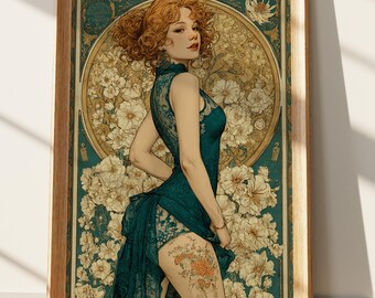 Art Nouveau Woman Wall Art, Elegant Redhead Portrait Print, Vintage Floral Decor with Teal Dress & Thigh Tattoo, Aesthetic Wall Decor
