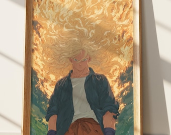 Super Saiyan Anime Wall Art Print, Dragon Ball Inspired Manga Poster, Blonde Hair Fiery Aura Digital Art for Gaming Room Decor