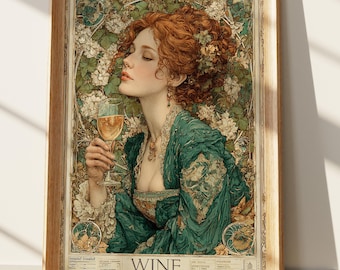 Vintage wijnposter art nouveau muurkunst rood haar vrouw portret elegante bar decor Franse stijl print bloemen drank illustratie decor