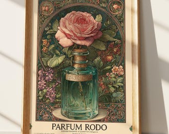 Art Nouveau Rose Perfume Poster | Vintage Floral Advertisement Print | Botanical Wall Art Decor