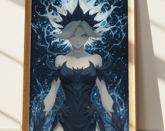 Dark Fantasy Anime Wall Art Print, Mystical Electric Sorceress Portrait, Ethereal Ice Queen Digital Art for Gothic Sci-Fi Fantasy Decor