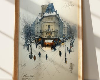 Paris Winter Art Print, Snowy Cityscape Watercolor Painting, European Street Scene Sketch, Cozy Urban Wall Art, City Alley Digital Download