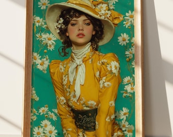 Muurkunst madeliefje | Grillig vintage portret van een vrouw in gele jurk en hoed met madeliefjes | Impressionistische lentedecorprint met bloemen