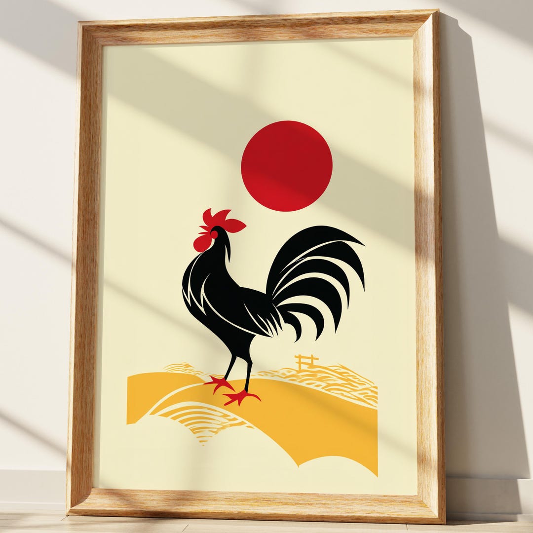 Japanese Rooster Wall Art Print, Minimalist Ukiyo-e Style Cock With Red ...