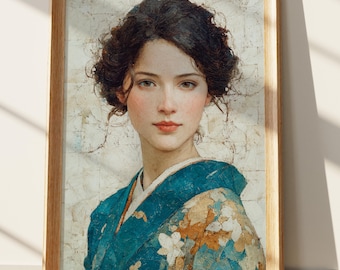 Japandi Wall Art, Serene Japanese Woman Portrait, Elegant Kimono Art Print, Textured Mixed Media Decor