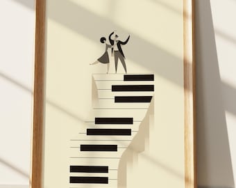 Romantic Jazz Dance Piano Wall Art Print, Elegant Couple Dancing on Keyboard Keys, Minimalist Music Lover Gift Poster