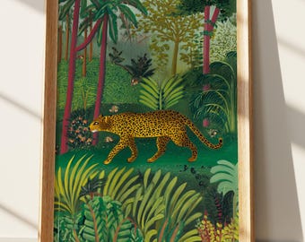 Art mural jungle : imprimé léopard vibrant de forêt tropicale luxuriante, peinture animalière safari exotique, style art folklorique naïf pour les amoureux de la nature