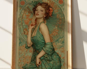 Art Nouveau Portrait of Elegant Woman with Fan | Vintage Inspired Japonisme Wall Art Print | Muted Teal Green Aesthetic Decor