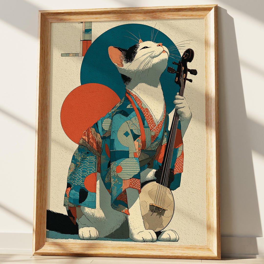 Japanese Cat Art Print | Whimsical Kimono Cat Playing Shamisen | Modern ...