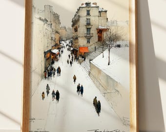 Winter City Street Art Print | European Snowy Lane Watercolor Sketch of Urban Life | Parisian Inspired Architecture Painting