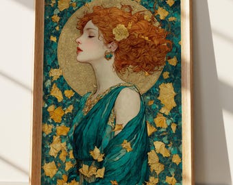 Art Nouveau Woman Print, Golden Ginkgo Goddess Wall Art, Mystical Redhead Portrait, Elegant Teal & Gold Decor, Serene Divine Feminine Aesthe
