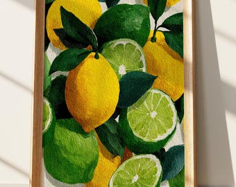 Impression d'art citron vert, décoration murale vive d'agrumes, affiche de fruits de cuisine méditerranéenne, motif aquarelle piquant, illustration botanique d'été