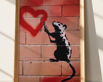 Banksy Street Art Print, Graffiti Rat Painting Red Heart Wall Art, Urban Love Decor, Modern Pop Art Canvas, Valentine's Gift