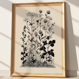 May include: A framed wall art print featuring a detailed black ink botanical illustration of various wildflowers and clover plants on a light beige background, encased in a simple light-toned wooden frame with a clean, rectangular profile.