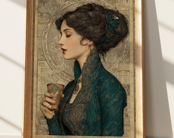 Art-nouveauportret van elegante vrouw met beker | Vintage groenblauw en gouden muurkunstprint | Sereen, op Victoriaans tijdperk geïnspireerd decor