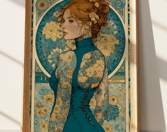 Art Nouveau Floral Tattoo Woman Print | Teal & Gold Arts and Crafts Style Poster | Vintage Inspired Wall Art Decor