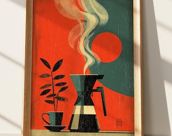 Mid Century Coffee Art Print | Retro Kitchen Decor with Steaming Moka Pot & Plant | Minimalist Vintage Coffee Lover Gift