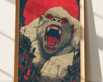 Kaiju Wall Art | Giant Roaring Ape Poster, Urban Destruction Sci-Fi Print, Apocalyptic City Red Moon Art, Monster Core Decor