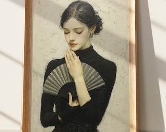 Elegant Woman Portrait with Fan, Contemplative Fine Art Print, Serene Moody Wall Decor, Vintage Aesthetic Painting, Dark Academia Home Decor