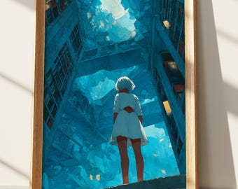 Anime Girl Art Print, Blue Crystal Cityscape Wall Art, Fragmented World Vision, Hopeful Gaze, Futuristic Sci-Fi Decor