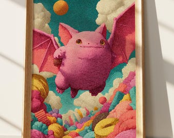 Whimsical Fantasy Art Print: Cute Pink Bat Creature Flying in a Dreamlike Textured Landscape - Surreal Cheerful Digital Wall Decor
