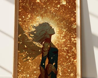 Angelic Warrior Art Print, Golden Radiance Female Hero Portrait, Divine Light Wall Decor, Ethereal Fantasy Art, Empowering Digital Download