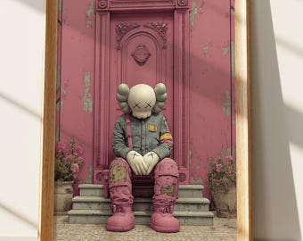 Impression pop art urbaine rose représentant un compagnon de style KAWS sur des marches avec un fond mural effet vieilli. Décoration street art moderne.