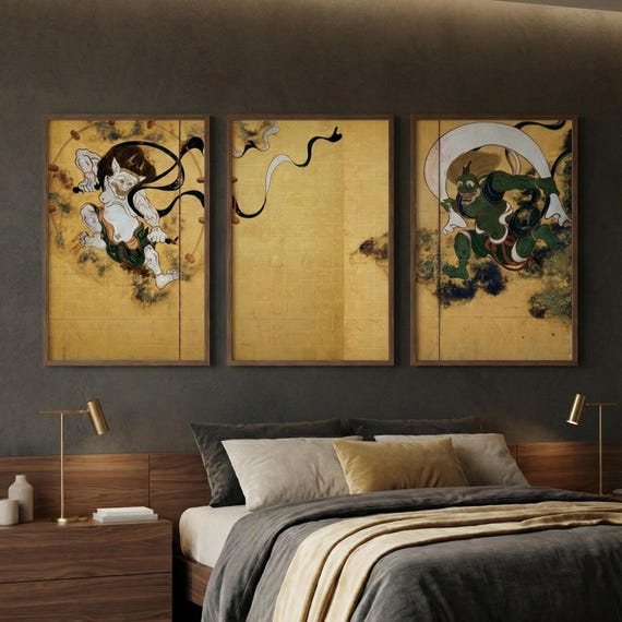 Fujin Raijin Set of 3 | Japanese Wind and Thunder God Art (digital