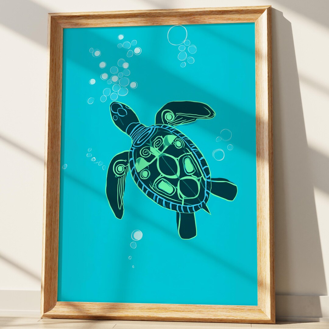 Sea Turtle Wall Art Print | Vibrant Ocean Life Digital Illustration ...