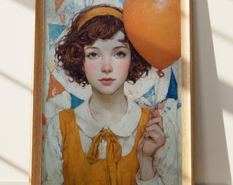 Whimsical Girl Portrait Art Print | Dreamy Child Painting with Orange Balloon | Nostalgic Nursery Decor | Vintage Aesthetic Wall Art
