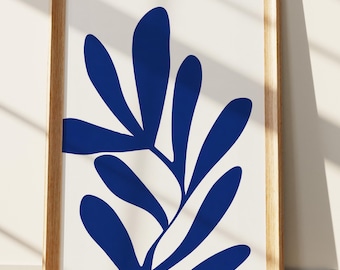 Impression d'art moderne feuille bleue, affiche botanique abstraite, décoration murale inspirée de Matisse, art végétal minimaliste bleu marine, esthétique Japandi indigo