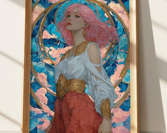 Stained Glass Art Print, Ethereal Pink Haired Goddess Wall Art, Celestial Fantasy Portrait, Vibrant Digital Download, Art Nouveau Inspired D