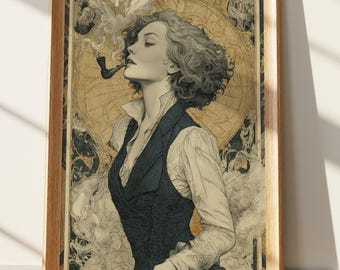 Art Nouveau Woman Portrait Print, Vintage Pipe Smoker Illustration, Mystical Dark Academia Wall Art, Sophisticated Steampunk Decor Gift