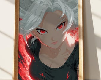 Anime Girl White Hair Red Eyes Art Print | Intense Fantasy Female Character Digital Art Poster | Powerful Manga Style Wall Decor