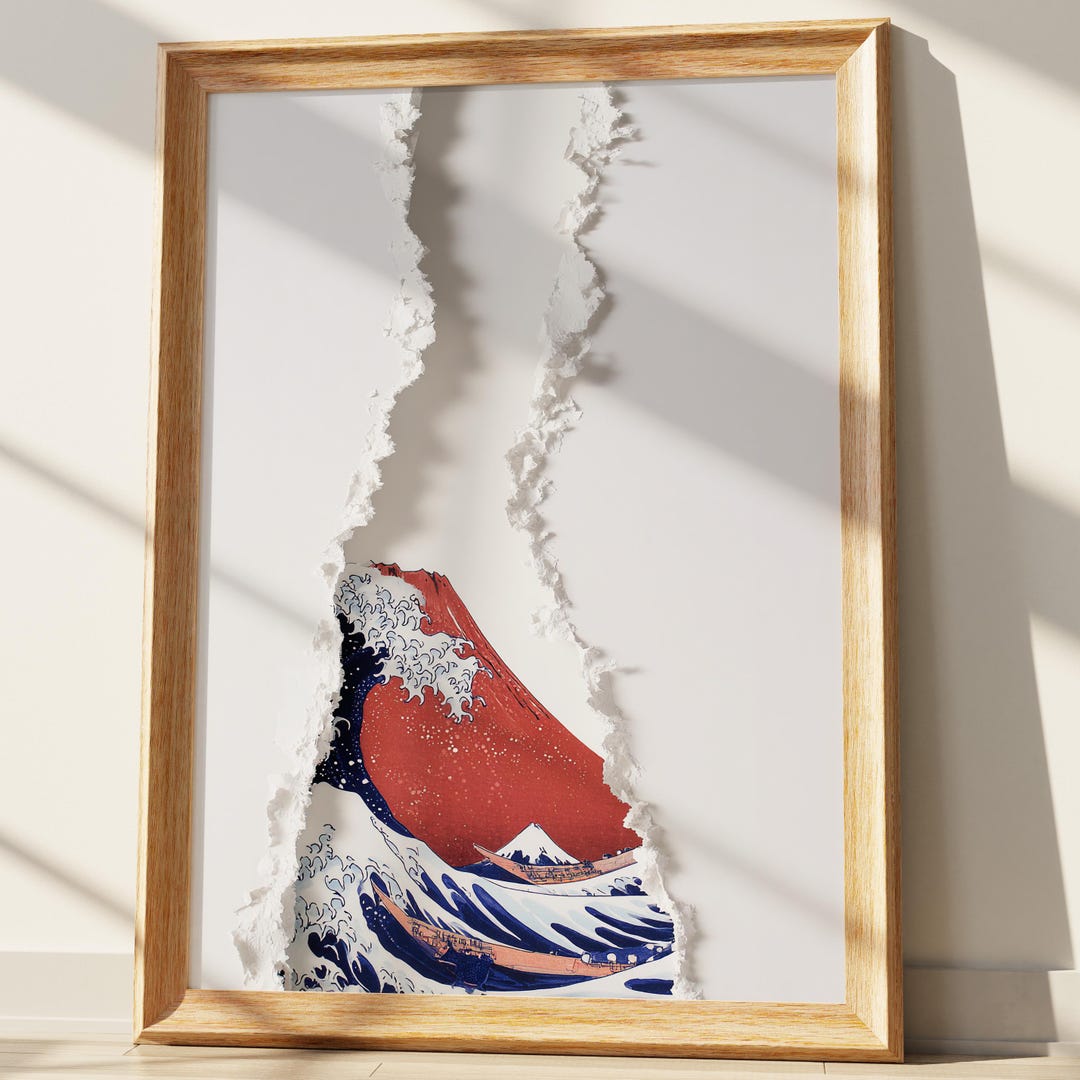 Red Great Wave 3D Art, Torn Paper Illusion, Unique Japanese Poster