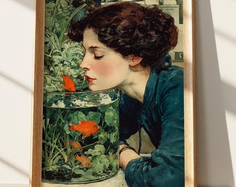 Goldfish Art Print, Vintage Aquarium Painting featuring Woman with Goldfish Bowl, Serene Nature Lover Portrait, Victorian Era Charm Wall Dec