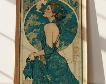 Art Nouveau Print, Elegant Teal Woman Smoking Art Poster, Vintage Lady Wall Decor, Retro Glamour Portrait, Aesthetic Home Decor Gift