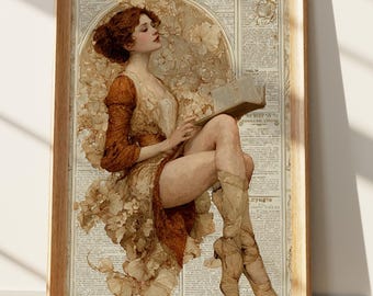 Art Nouveau Woman Reading Art Print, Vintage Literary Portrait, Contemplative Feminine Beauty, Earthy Tones Wall Decor