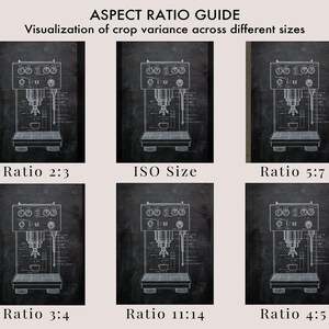 May include: A guide visualizing crop variance across different sizes. The image features six black and white illustrations of an espresso machine, each cropped to a different aspect ratio: 2:3, ISO Size, 5:7, 3:4, 11:14, and 4:5. The text "ASPECT RATIO GUIDE" is at the top.