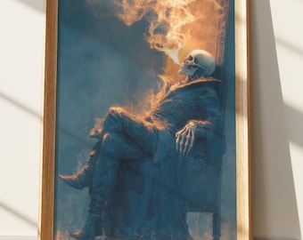 Flaming Skull Wall Art Print, Dark Fantasy Skeleton Throne Decor, Mystical Fire Spirit Digital Art, Gothic Macabre Guardian Poster