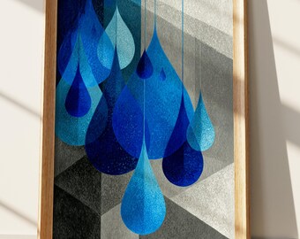 Abstract Blue Raindrop Art Print, Modern Geometric Wall Decor, Serene Teal Grey Contemporary Artwork, Minimalist Abstract Painting