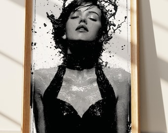 Monochrome Splash Art Print: Dramatic Black White Female Portrait, Modern Abstract Wall Decor, Serene Edgy Fine Art Photography