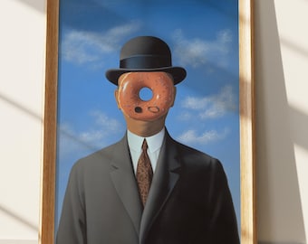 Surreal Donut Art Print, Magritte Inspired Bowler Hat Man Wall Decor, Modern Pop Art Painting for Unique Home Decor, Contemporary Food Art