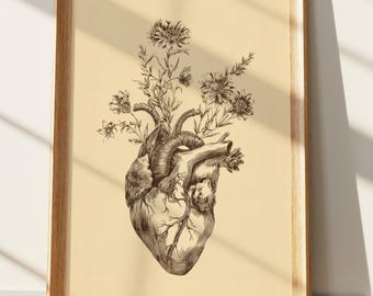 花と解剖学的なハートのアートプリント | 植物のハートのイラスト | ヴィンテージの医療用花柄ウォールデコレーション | ユニークなギフト