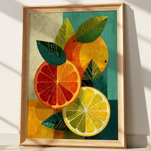 Peut inclure: Impression d'art encadrée représentant une illustration stylisée d'agrumes. L'œuvre d'art présente une orange tranchée, une orange entière et un citron, avec des feuilles vertes. Le fond est composé de formes géométriques jaunes, turquoise et beiges.